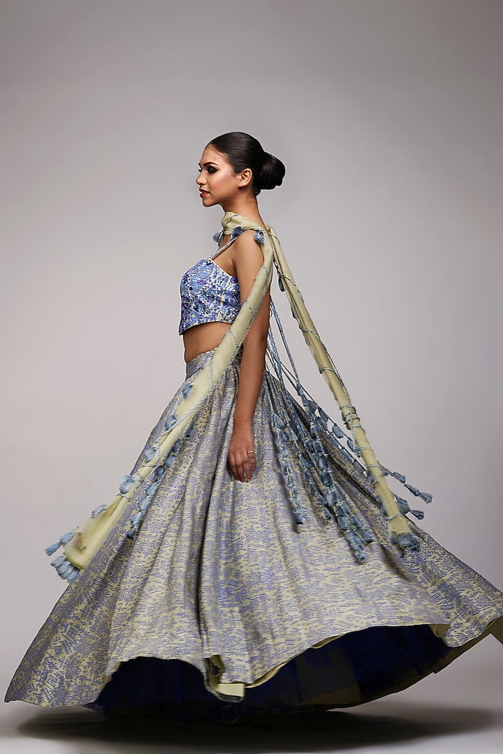 Pastel Green & Blue Silk Hand Block Painted Wedding Lehenga Set by Shruti S at Pernia's Pop Up Shop