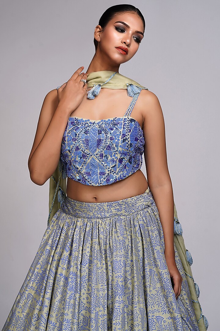 Pastel Green & Blue Silk Hand Block Painted Wedding Lehenga Set by Shruti S at Pernia's Pop Up Shop
