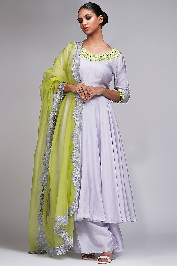 Grey Silk Embroidered Anarkali Set by Shruti S at Pernia's Pop Up Shop