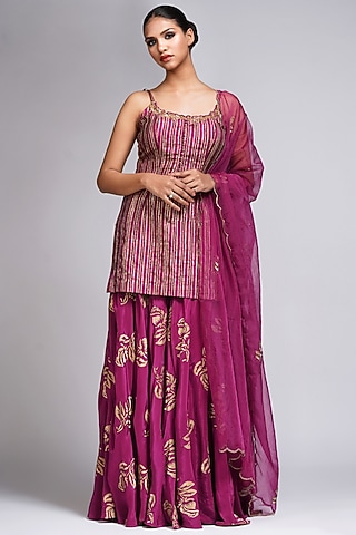 Wine Crepe Hand Painted Sharara Set by Shruti S