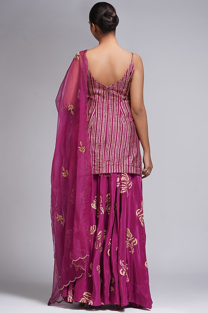 Wine Crepe Hand Painted Wedding Sharara Set by Shruti S at Pernia's Pop Up Shop