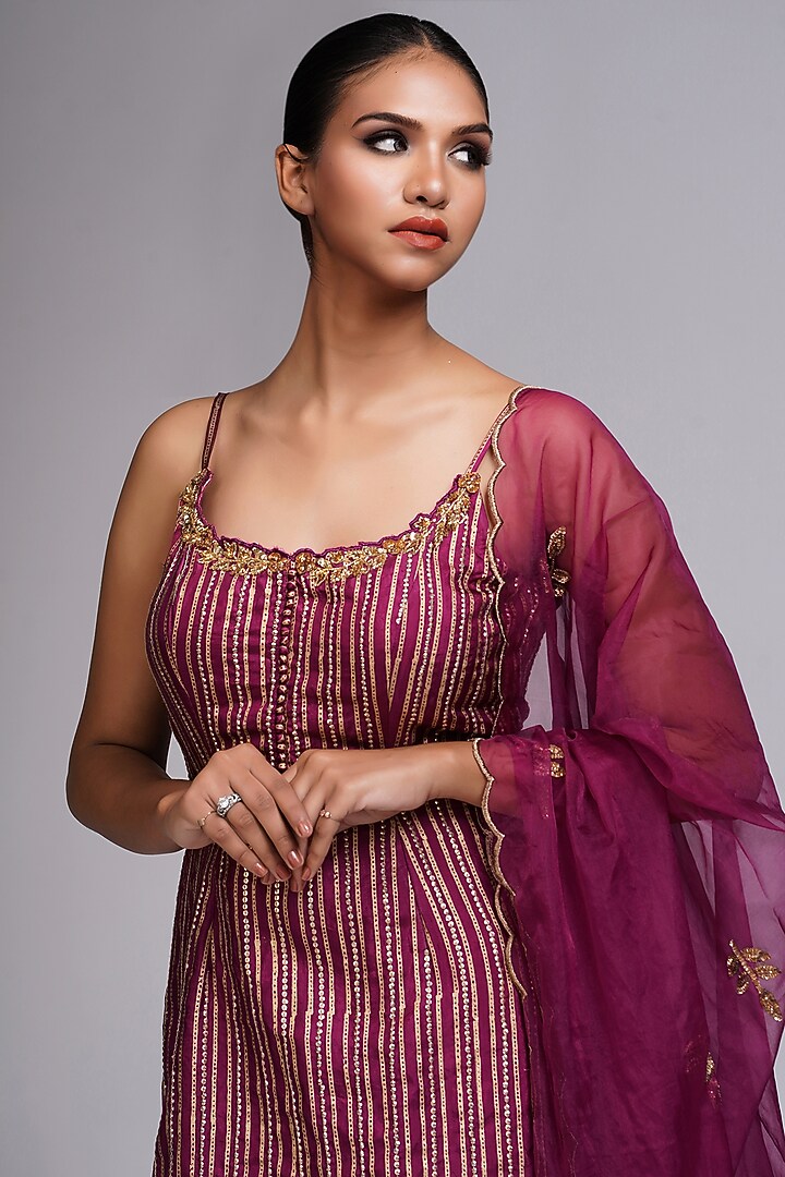 Wine Crepe Hand Painted Wedding Sharara Set by Shruti S at Pernia's Pop Up Shop