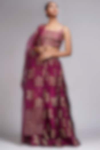 Wine Silk Metallic Hand Block Printed Wedding Lehenga Set by Shruti S at Pernia's Pop Up Shop