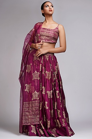 Wine Silk Metallic Hand Block Printed Lehenga Set by Shruti S