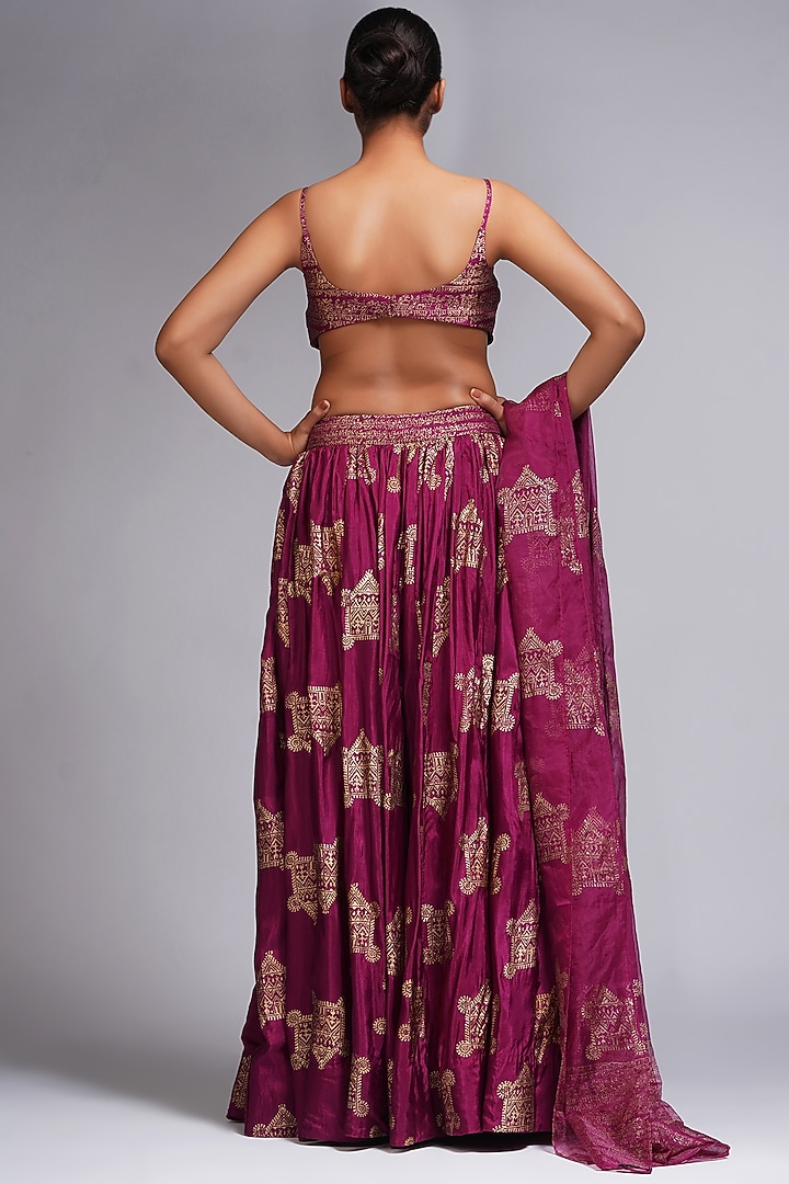 Wine Silk Metallic Hand Block Printed Wedding Lehenga Set by Shruti S at Pernia's Pop Up Shop