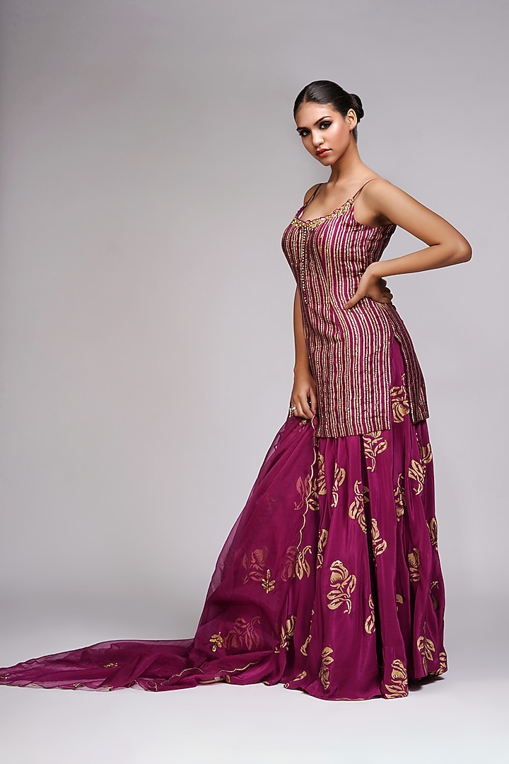 Wine Silk Metallic Hand Block Printed Wedding Lehenga Set by Shruti S at Pernia's Pop Up Shop