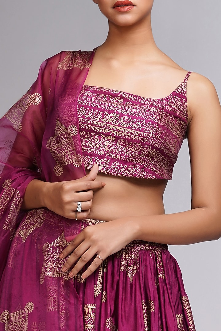 Wine Silk Metallic Hand Block Printed Wedding Lehenga Set by Shruti S at Pernia's Pop Up Shop
