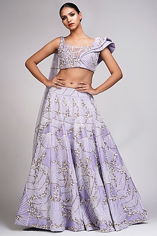 Lavender Raw Silk Embroidered Lehenga Set by Shruti S