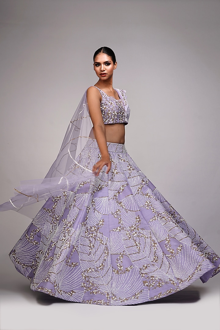 Lavender Raw Silk Embroidered Wedding Lehenga Set by Shruti S at Pernia's Pop Up Shop