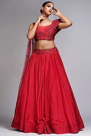 Red Silk Embroidered Lehenga Set by Shruti S
