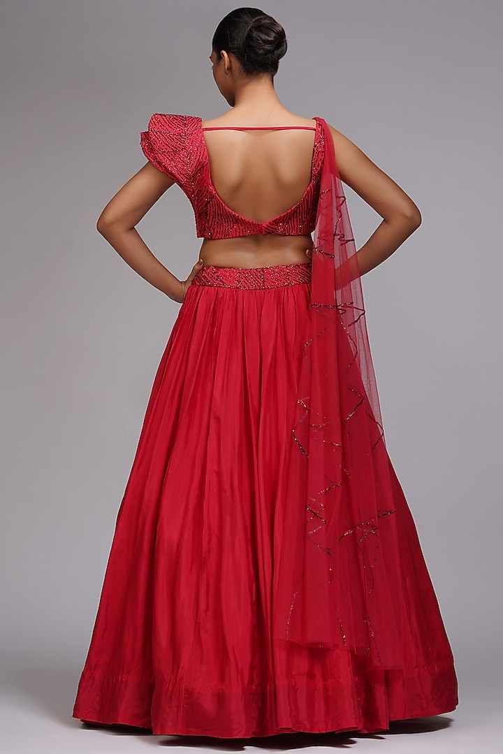 Red Silk Embroidered Wedding Lehenga Set by Shruti S at Pernia's Pop Up Shop