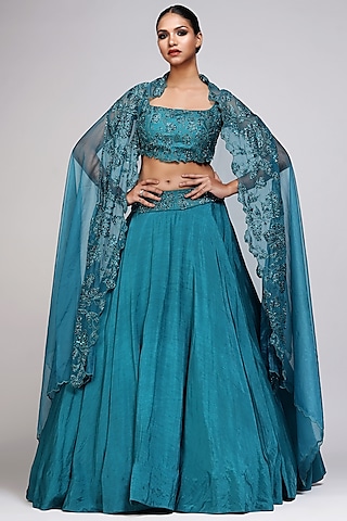 Teal Silk Embroidered Lehenga Set by Shruti S