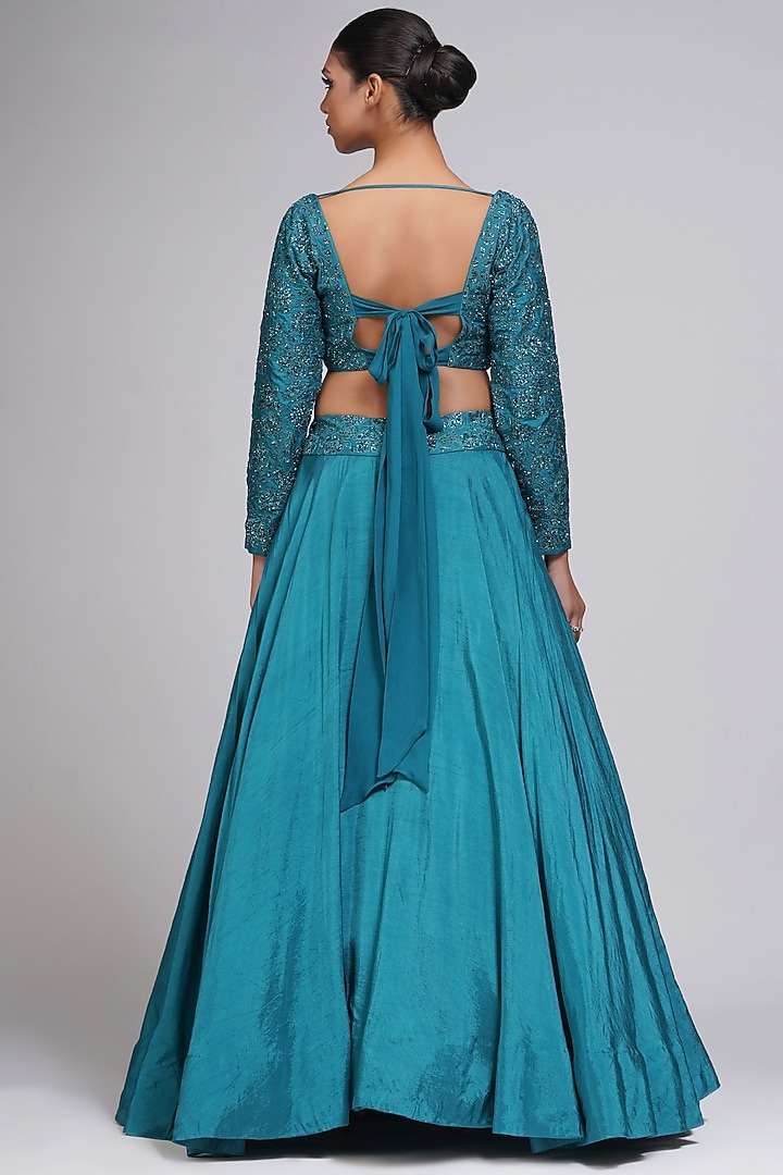 Teal Silk Embroidered Wedding Lehenga Set by Shruti S at Pernia's Pop Up Shop