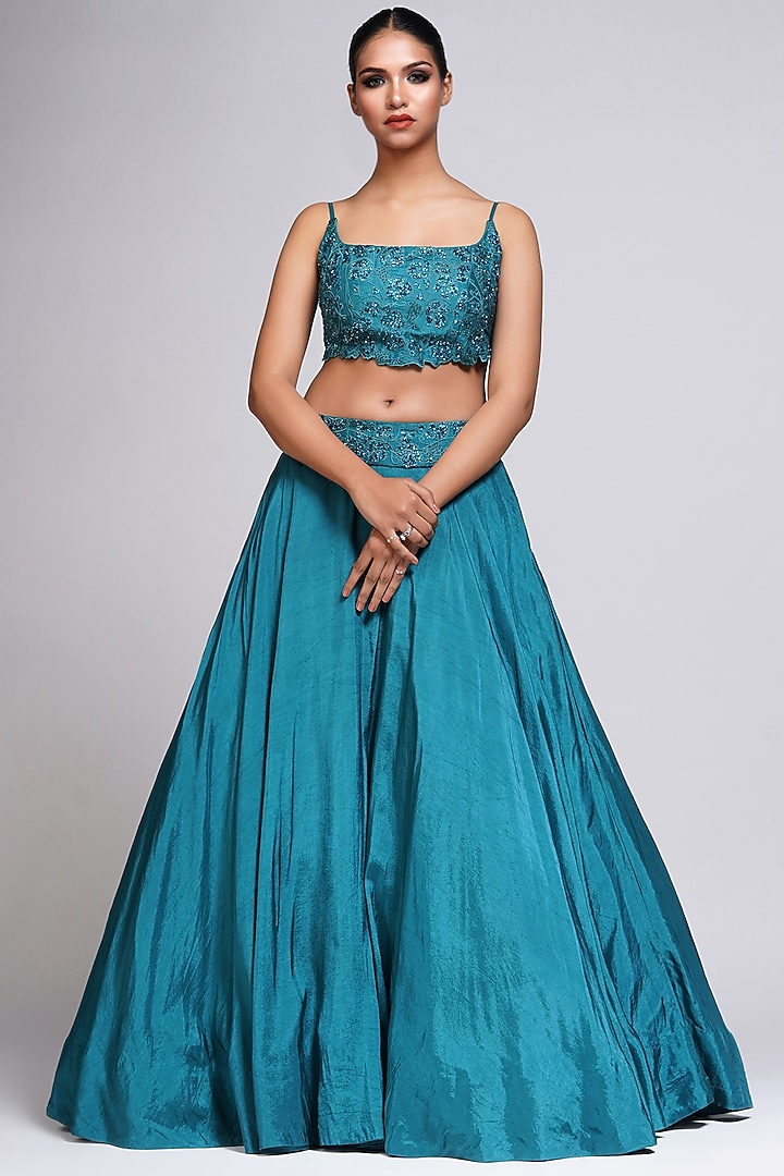 Teal Silk Embroidered Wedding Lehenga Set by Shruti S at Pernia's Pop Up Shop