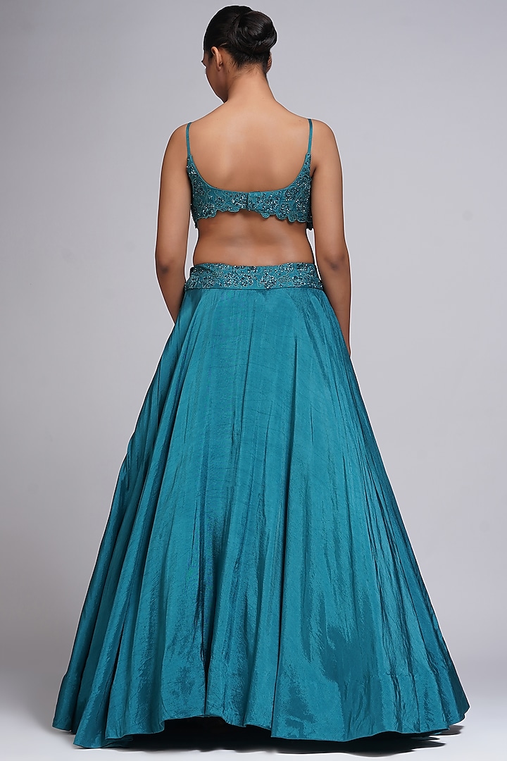 Teal Silk Embroidered Wedding Lehenga Set by Shruti S at Pernia's Pop Up Shop