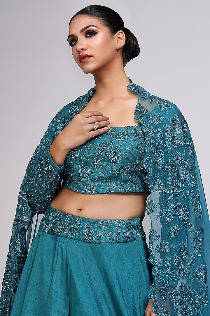 Teal Silk Embroidered Wedding Lehenga Set by Shruti S at Pernia's Pop Up Shop