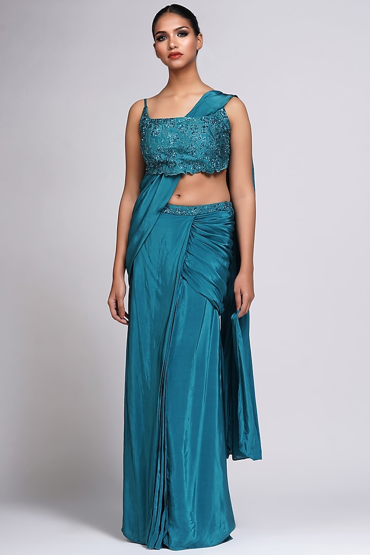 Teal Green Crepe Sequins Work Pre-Stitched Saree Set by Shruti S at Pernia's Pop Up Shop