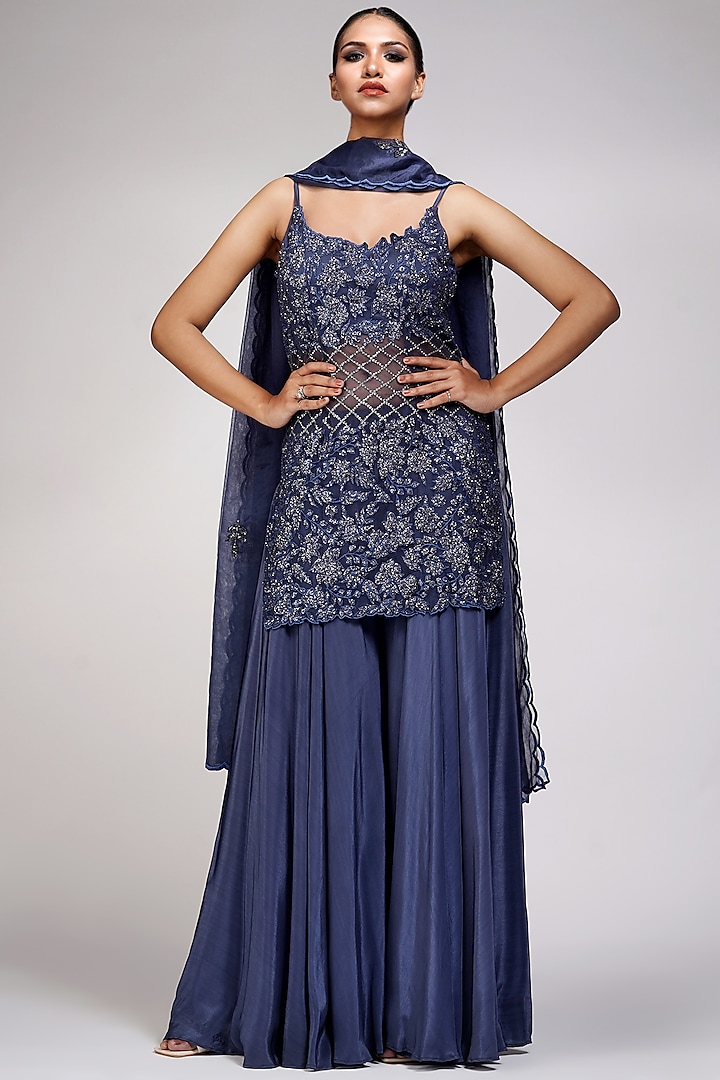 Space Blue Crepe Embroidered Sharara Set by Shruti S