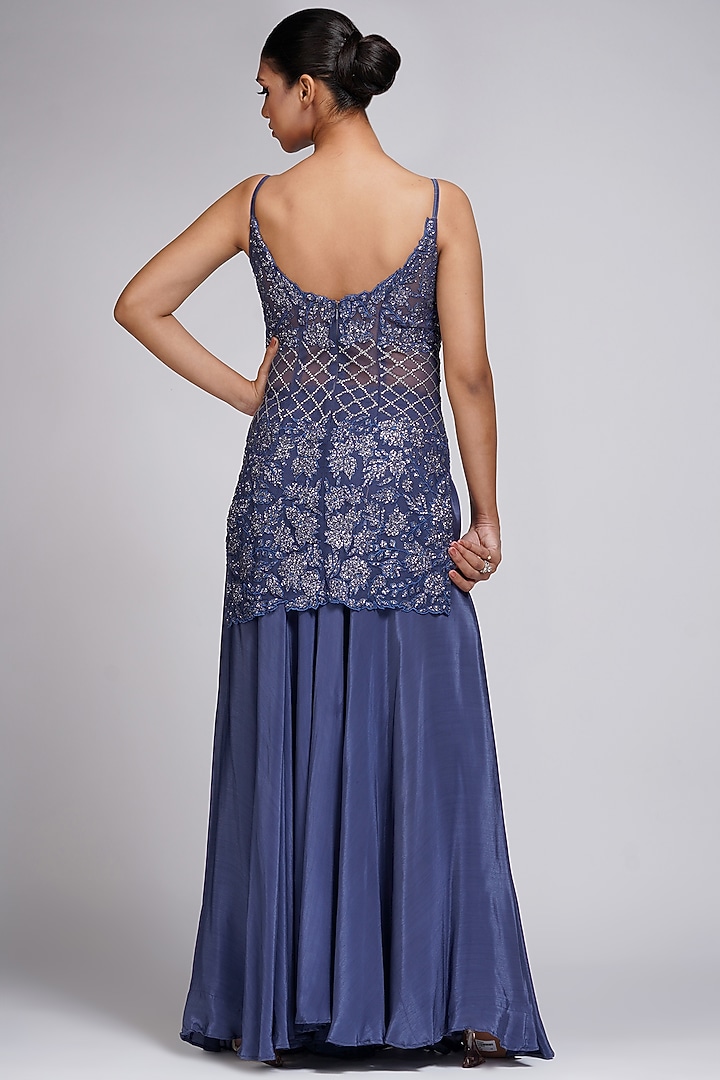 Space Blue Crepe Embroidered Wedding Sharara Set by Shruti S at Pernia's Pop Up Shop