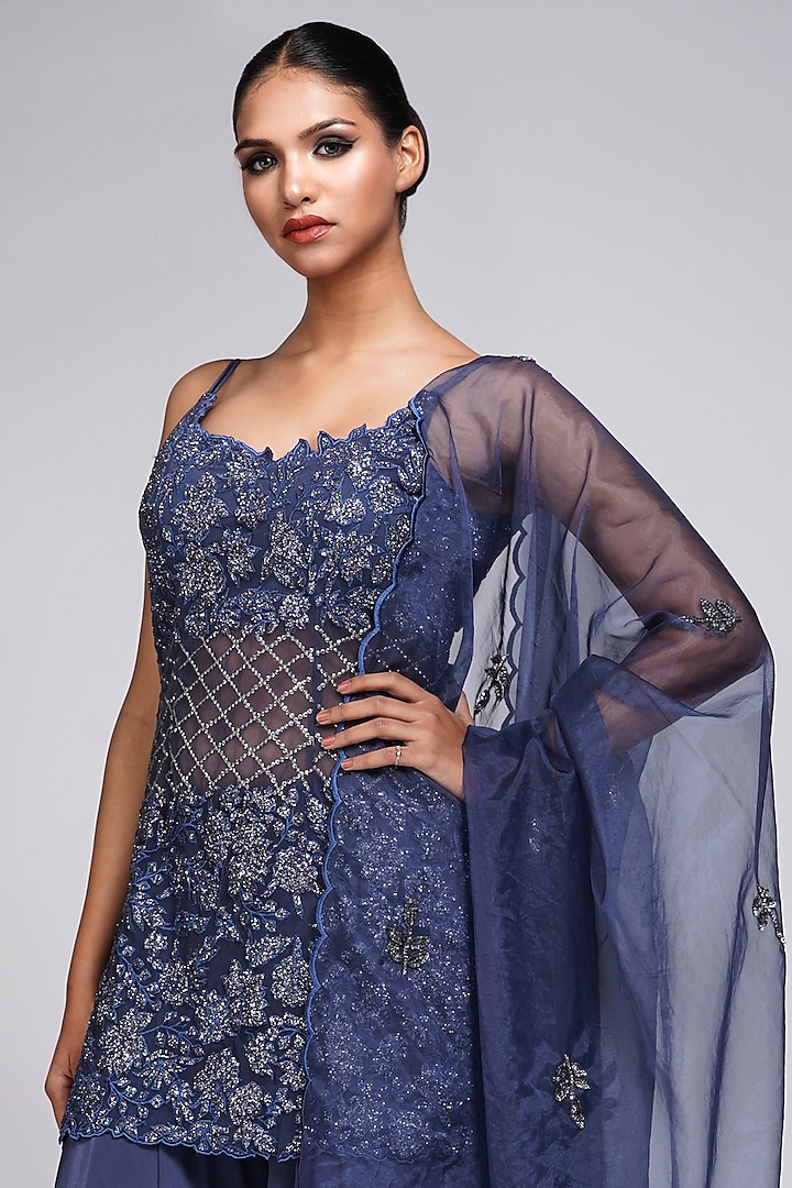 Space Blue Crepe Embroidered Wedding Sharara Set by Shruti S at Pernia's Pop Up Shop
