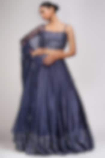Space Blue Silk Embroidered Wedding Lehenga Set by Shruti S at Pernia's Pop Up Shop