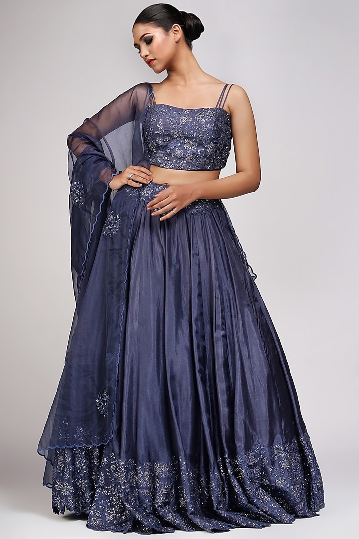 Space Blue Silk Embroidered Wedding Lehenga Set by Shruti S at Pernia's Pop Up Shop