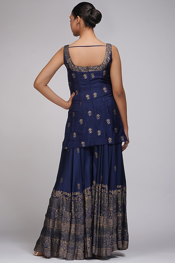 Navy Blue Modal Satin Printed Wedding Sharara Set by Shruti S at Pernia's Pop Up Shop