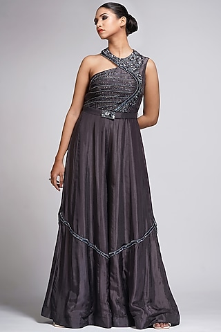 Grey Silk Embroidered Criss-Cross Jumpsuit by Shruti S