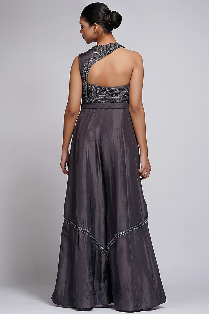 Grey Silk Embroidered Criss-Cross Jumpsuit by Shruti S at Pernia's Pop Up Shop