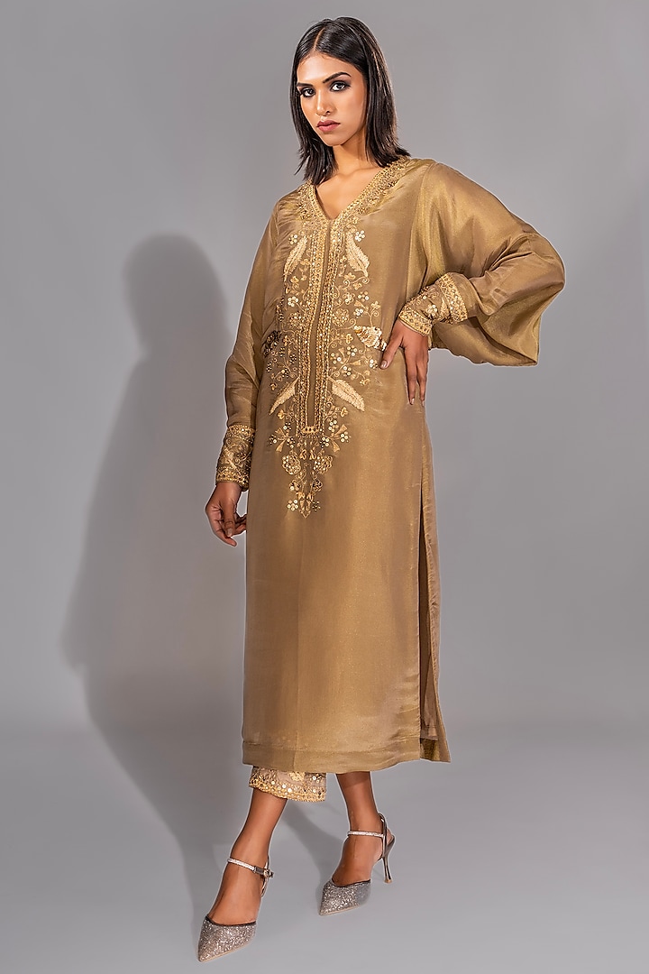 Golden Zari Georgette Sequins Embroidered Kaftan Set by Shruti S at Pernia's Pop Up Shop