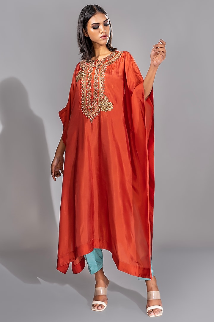 Orange Silk Dabka Embroidered Kaftan Set by Shruti S