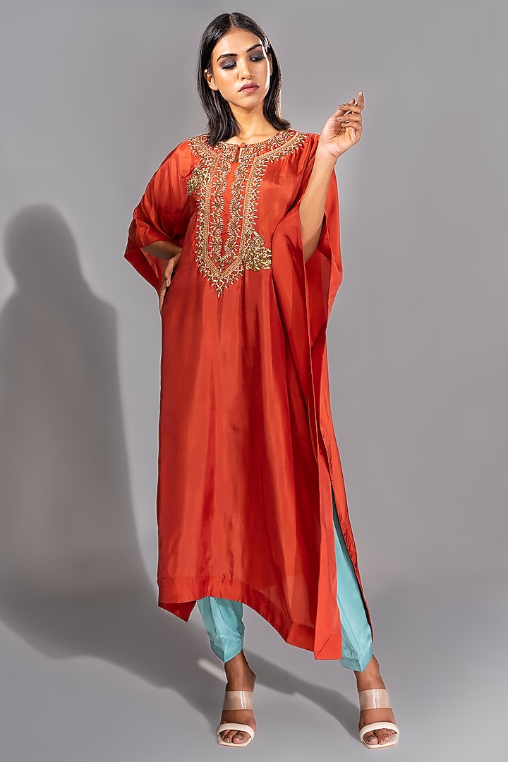 Orange Silk Dabka Embroidered Kaftan Set by Shruti S at Pernia's Pop Up Shop