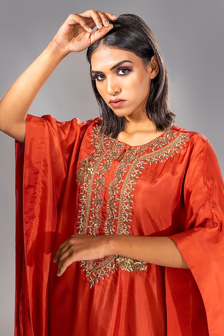 Orange Silk Dabka Embroidered Kaftan Set by Shruti S at Pernia's Pop Up Shop