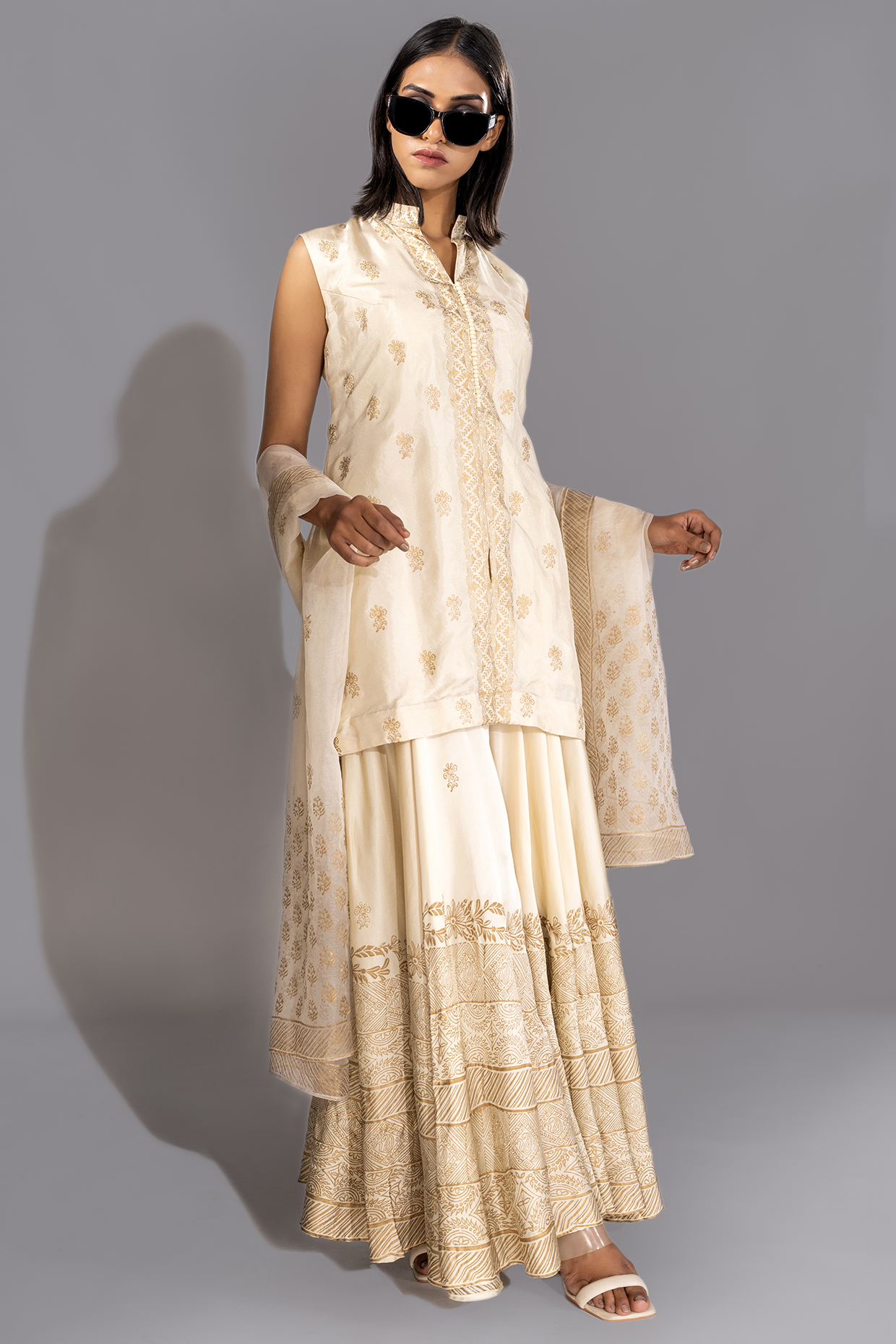 Off-White Modal Satin Metallic Hand Block Printed Sharara Set by Shruti S at Pernia's Pop Up Shop