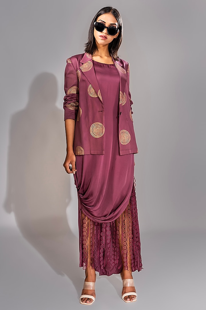 Wine Natural Modal Satin Embroidered Jacket Dress by Shruti S