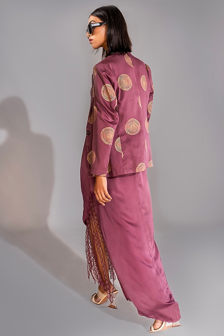 Wine Natural Modal Satin Embroidered Jacket Cocktail Dress by Shruti S at Pernia's Pop Up Shop