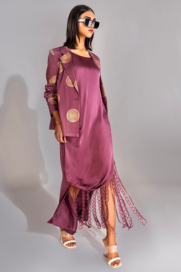 Wine Natural Modal Satin Embroidered Jacket Cocktail Dress by Shruti S at Pernia's Pop Up Shop