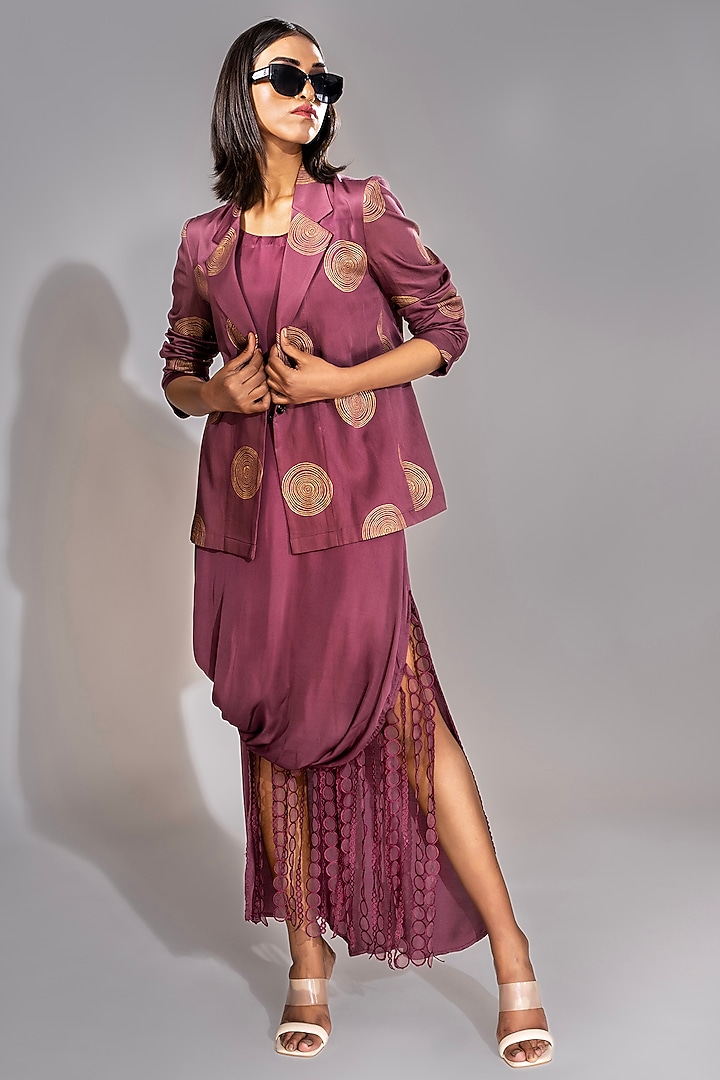 Wine Natural Modal Satin Embroidered Jacket Cocktail Dress by Shruti S at Pernia's Pop Up Shop