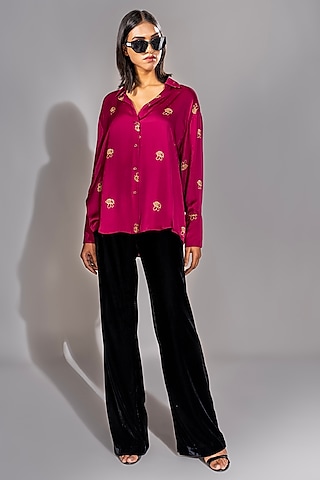 Dark Pink Modal Satin Hand Block Printed Shirt by Shruti S