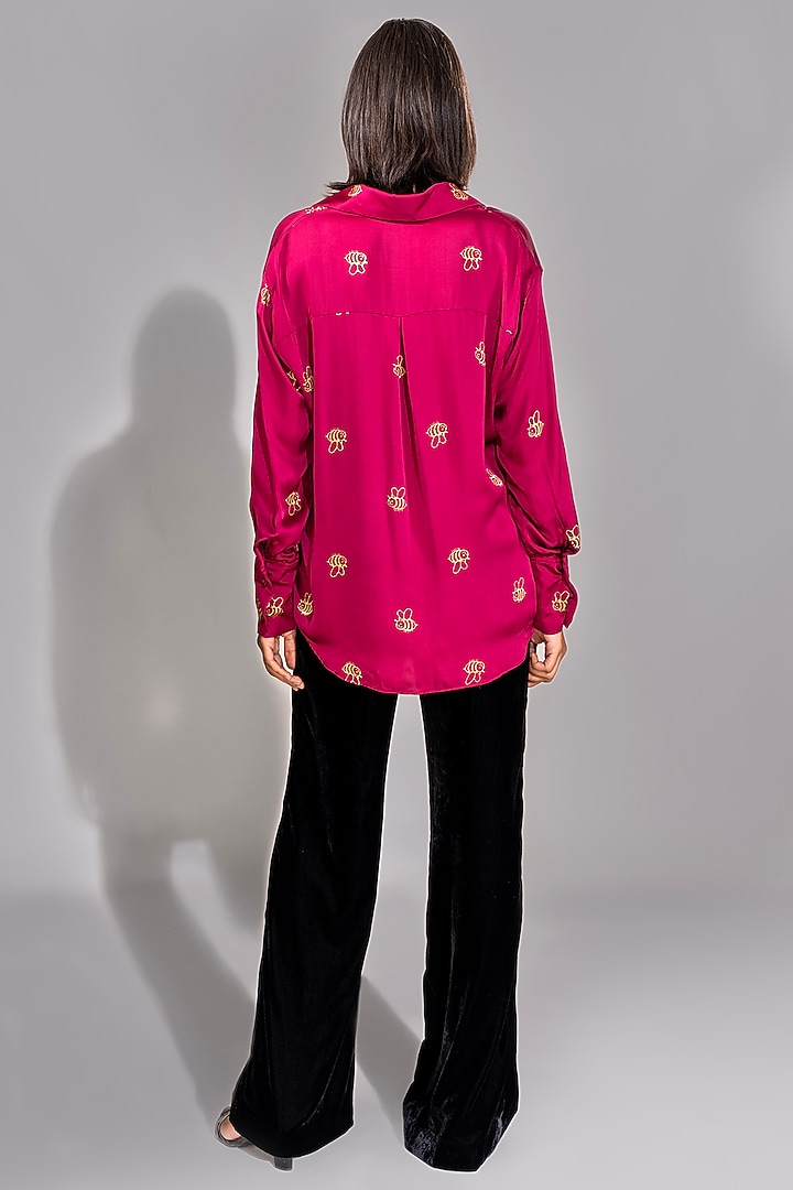 Dark Pink Modal Satin Hand Block Printed Shirt by Shruti S at Pernia's Pop Up Shop