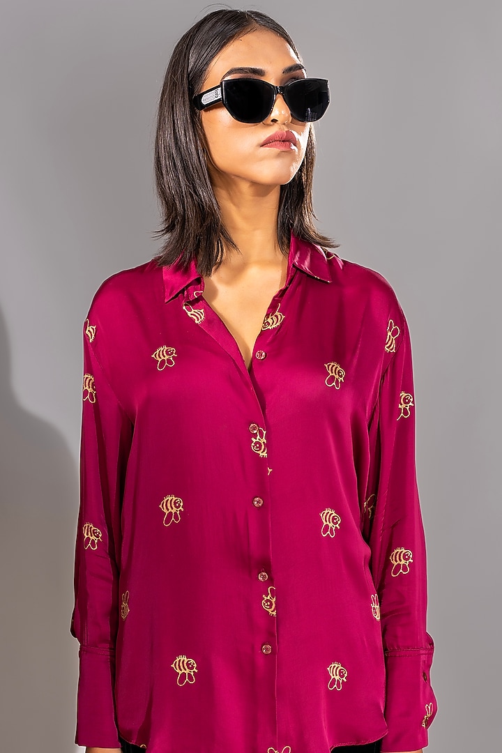 Dark Pink Modal Satin Hand Block Printed Shirt by Shruti S at Pernia's Pop Up Shop