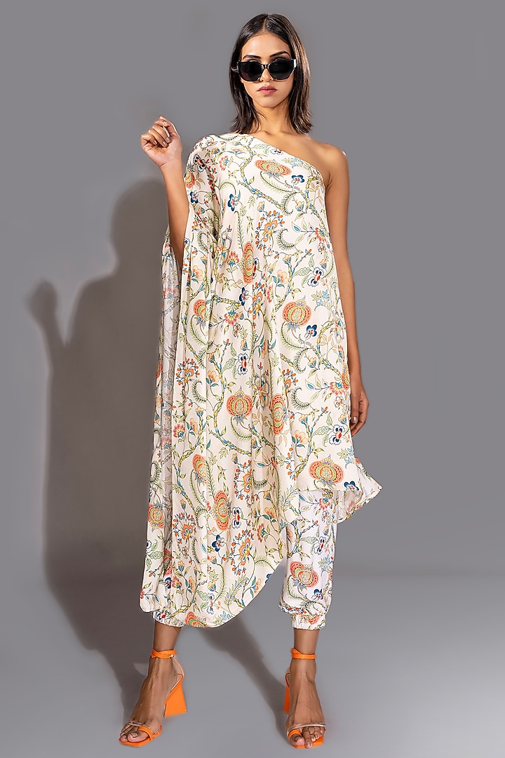 Beige Natural Yarin Satin Printed Co-Ord Set by Shruti S at Pernia's Pop Up Shop