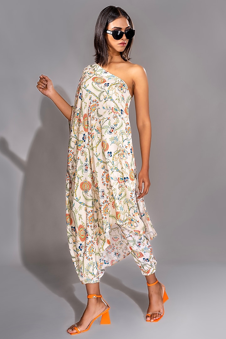 Beige Natural Yarin Satin Printed Co-Ord Set by Shruti S at Pernia's Pop Up Shop