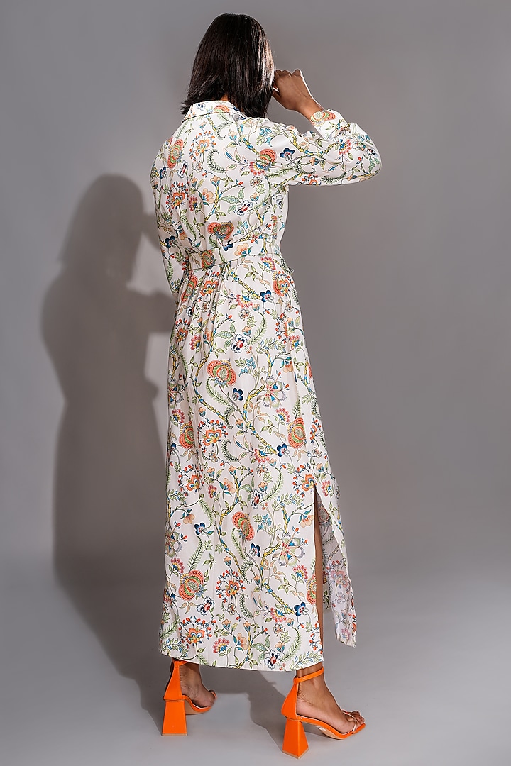 Beige Natural Cotton Printed Maxi Vacation Shirt Dress With Belt by Shruti S at Pernia's Pop Up Shop
