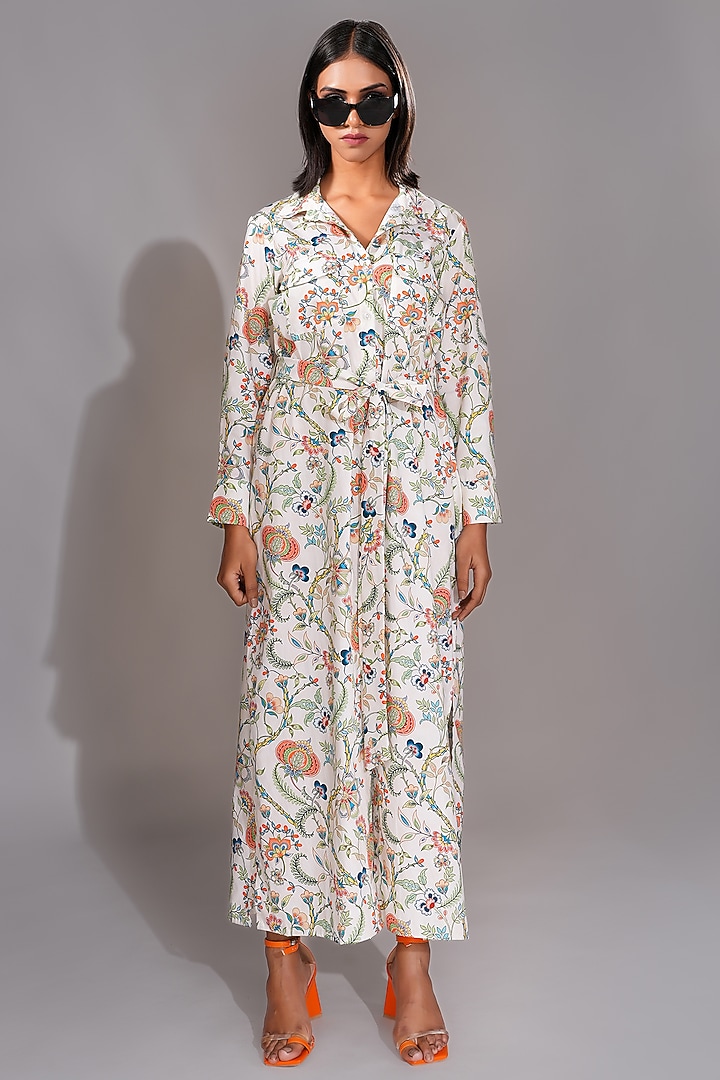 Beige Natural Cotton Printed Maxi Vacation Shirt Dress With Belt by Shruti S at Pernia's Pop Up Shop
