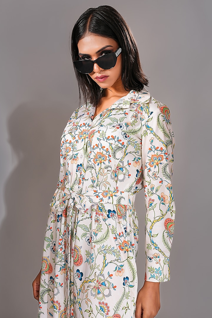 Beige Natural Cotton Printed Maxi Vacation Shirt Dress With Belt by Shruti S at Pernia's Pop Up Shop