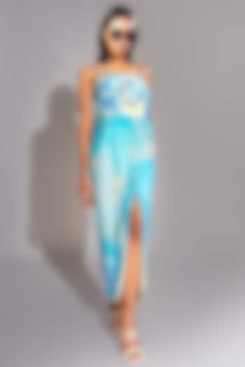 Cerulean-Blue Natural Silk Floral Printed Maxi Dress by Shruti S
