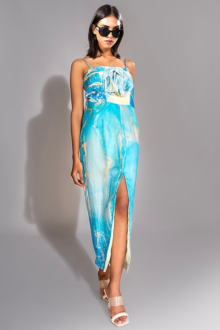 Cerulean-Blue Natural Silk Floral Printed Maxi Dress by Shruti S