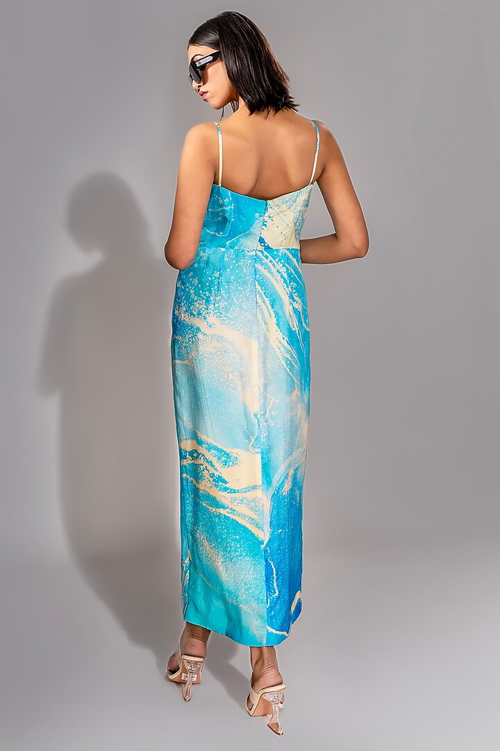 Cerulean-Blue Natural Silk Floral Printed Maxi Vacation Dress by Shruti S at Pernia's Pop Up Shop