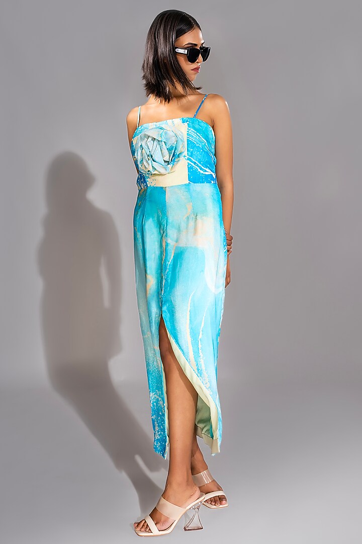Cerulean-Blue Natural Silk Floral Printed Maxi Vacation Dress by Shruti S at Pernia's Pop Up Shop
